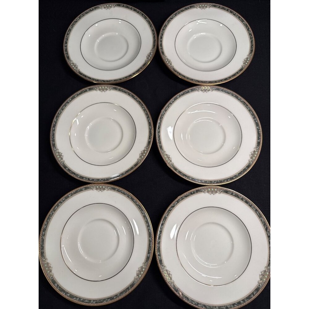 Set Of 6 Noritake Bone China Covina 9791 Saucers With Gold & Green Trim Vintage
